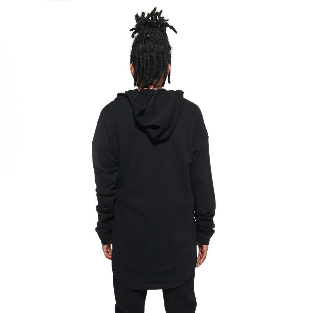 Black Curved Hem Men Distressed Scoop Hoodie