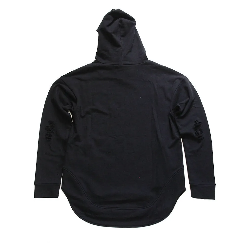 Black Curved Hem Men Distressed Scoop Hoodie