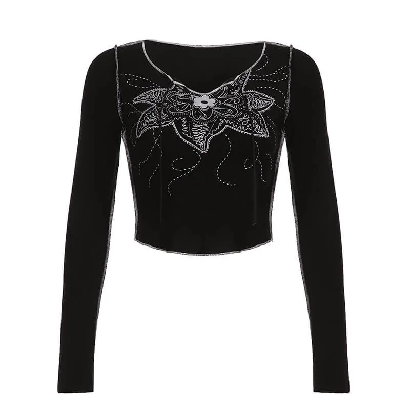 Black Flower Print Long Sleeve Crop Top