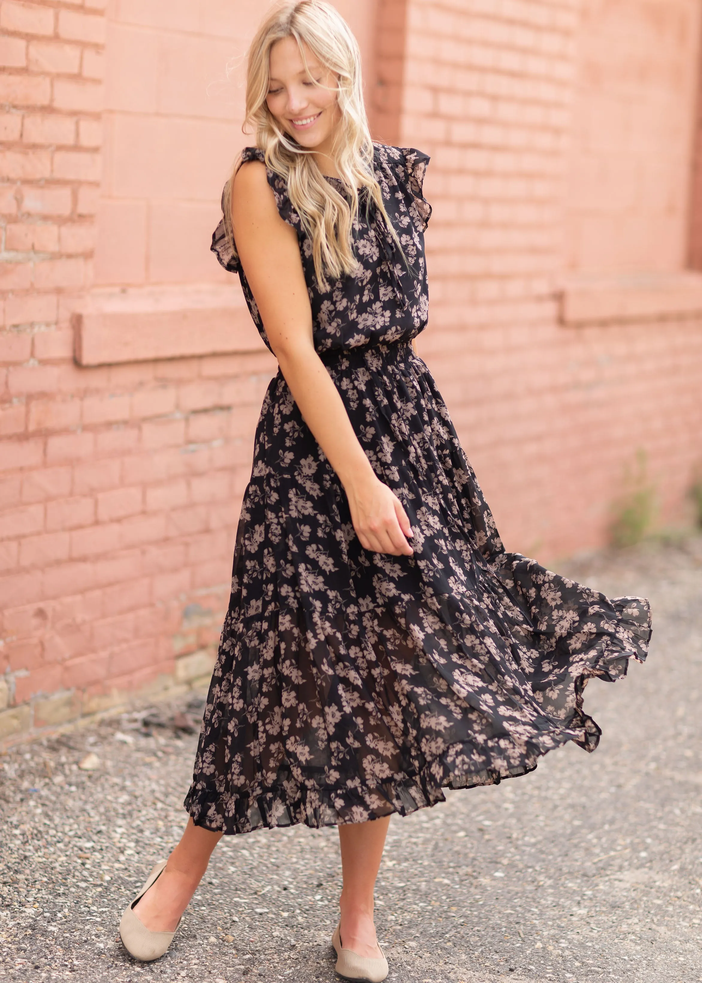 Black Ruffle Floral Midi Dress