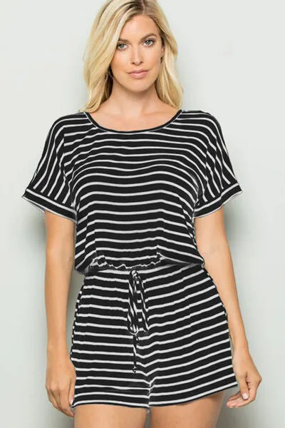 Black Striped Round Neck Short Sleeve Romper