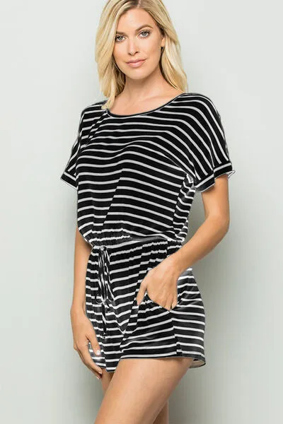 Black Striped Round Neck Short Sleeve Romper