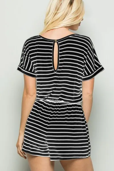 Black Striped Round Neck Short Sleeve Romper