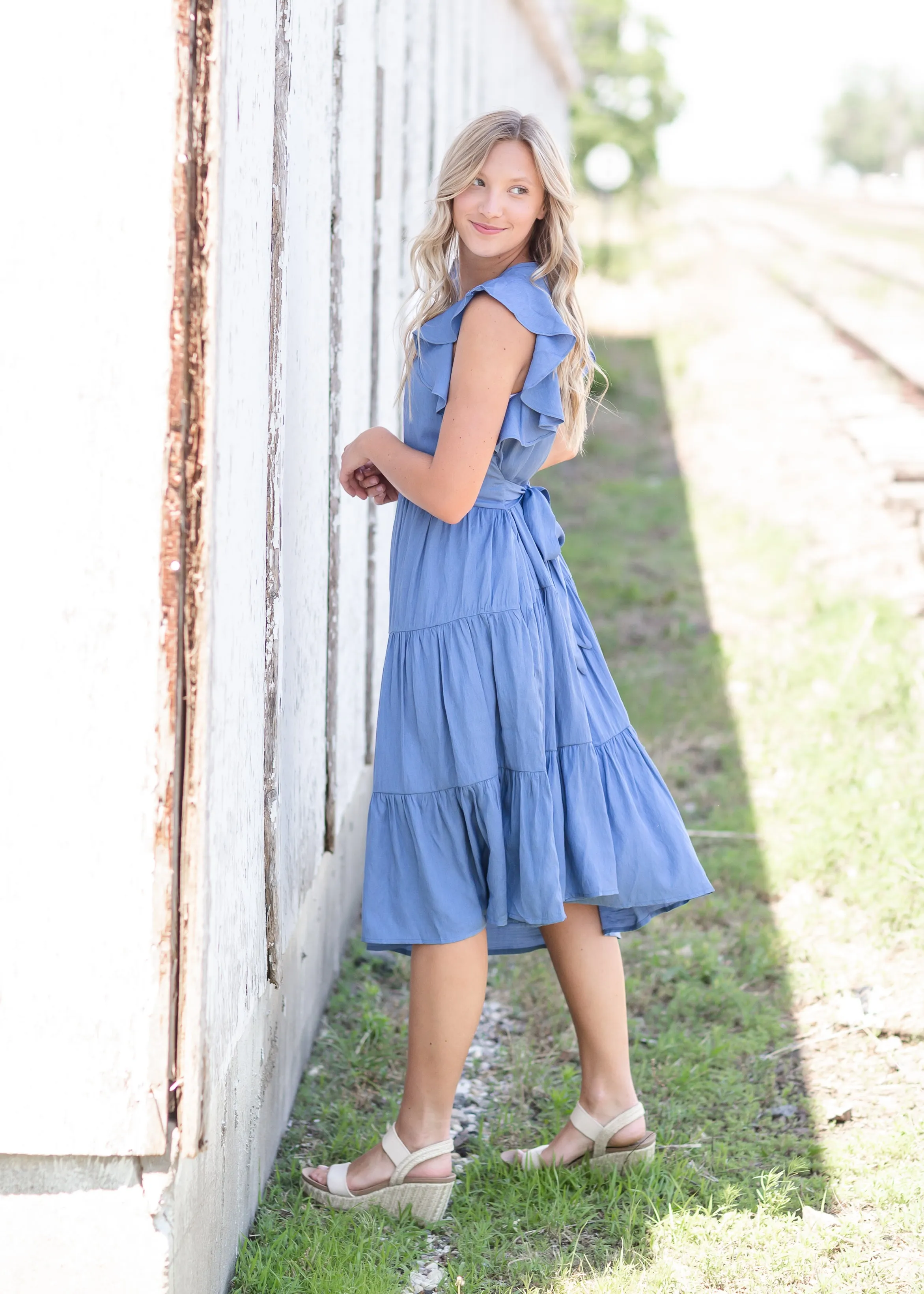 Blue Ruffle Sleeve Midi Dress