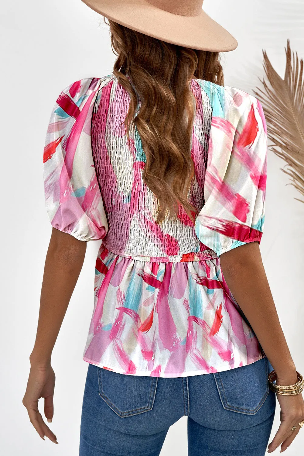 Boho Flower Print Puff Sleeve Peplum Top