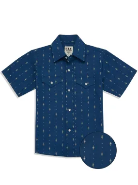 Boy's Ely Cattleman Short Sleeve Diamond Aztec Print Snap Shirt- Navy & White