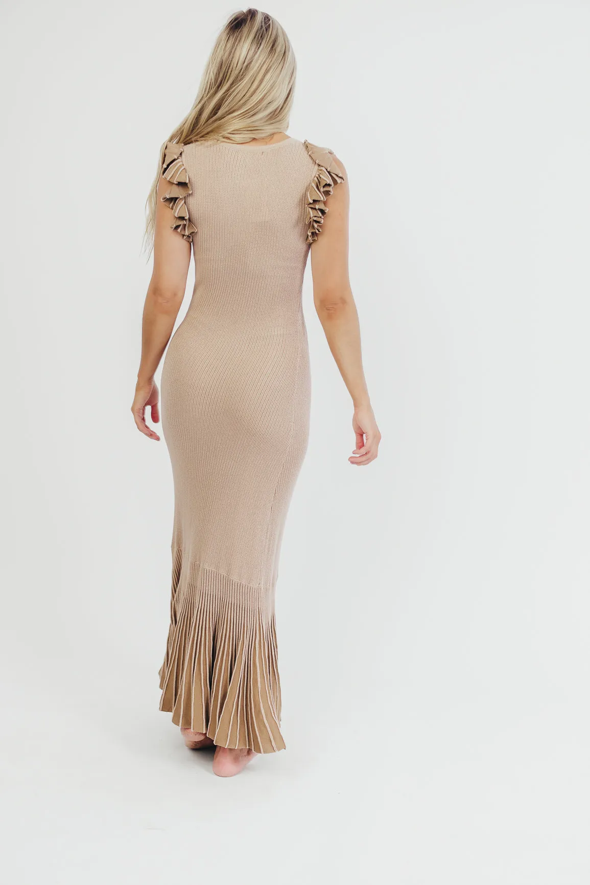 Brynn Knit Mermaid-Style Maxi Dress with Ruffled Sleeves in Sand