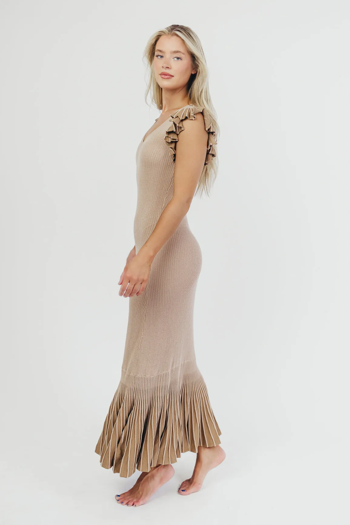 Brynn Knit Mermaid-Style Maxi Dress with Ruffled Sleeves in Sand