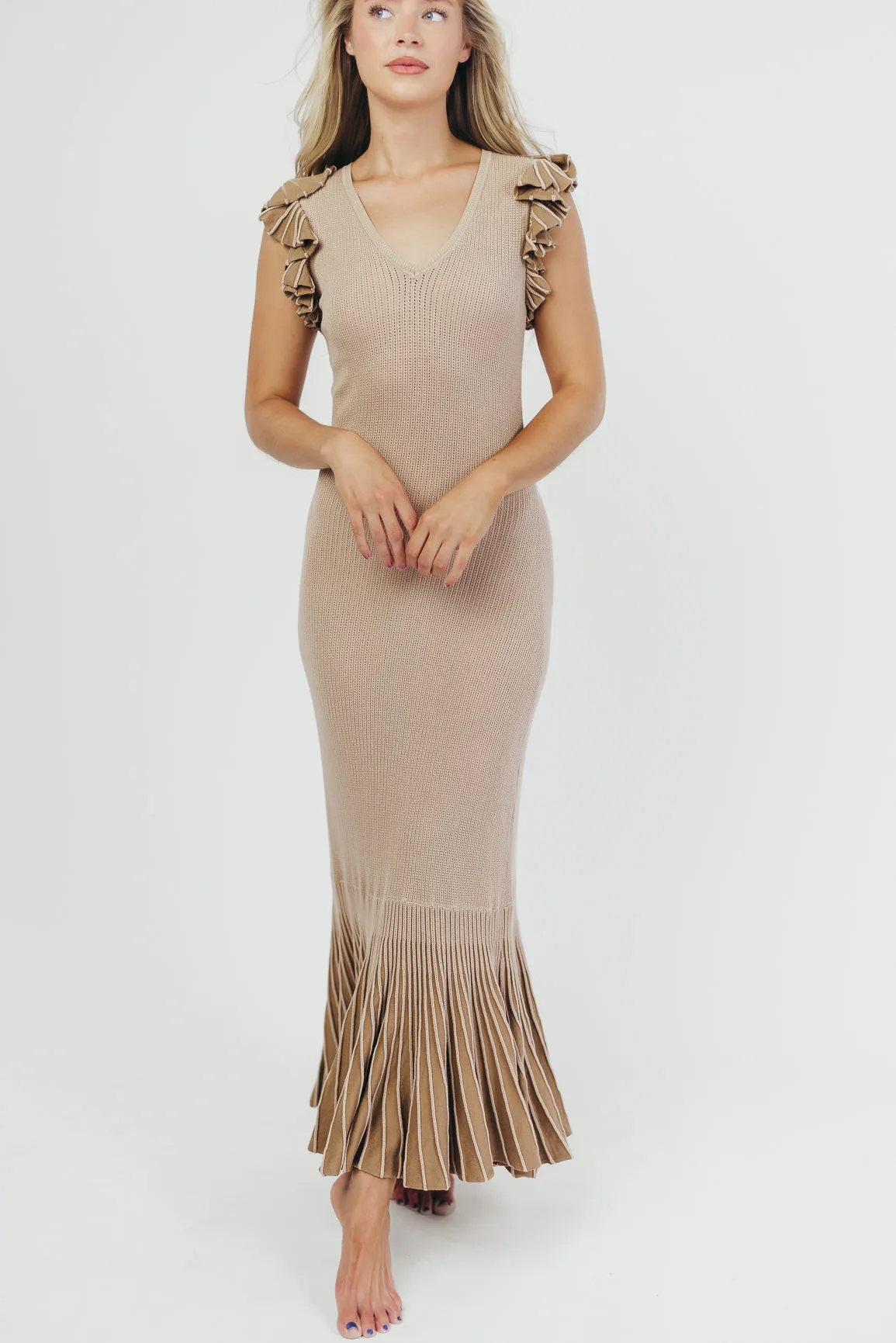 Brynn Knit Mermaid-Style Maxi Dress with Ruffled Sleeves in Sand