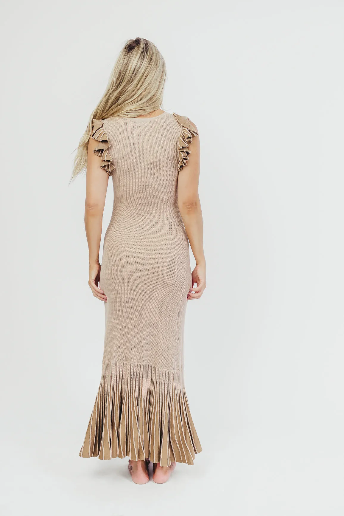 Brynn Knit Mermaid-Style Maxi Dress with Ruffled Sleeves in Sand