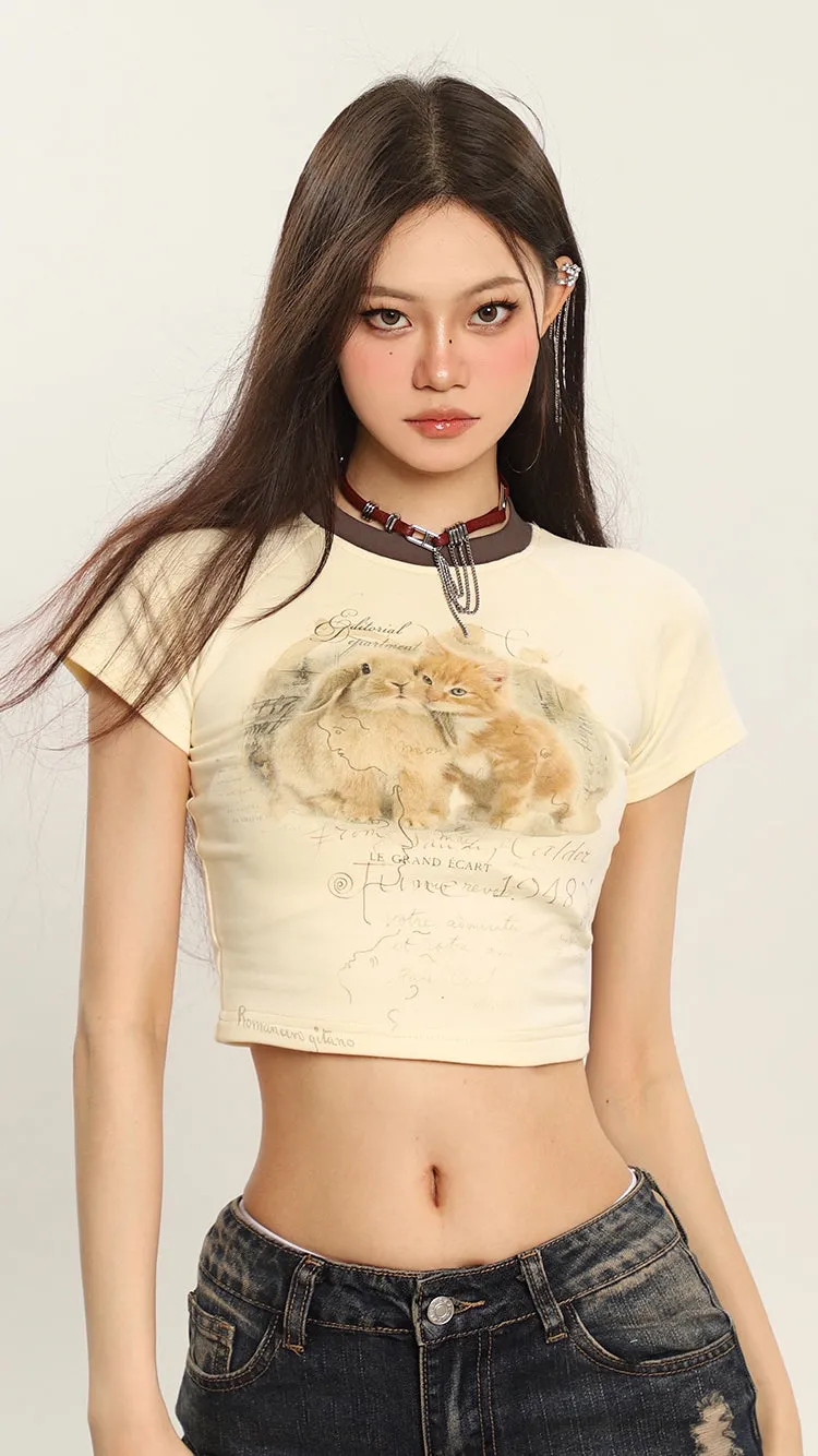 Bunny x Kitten Graphic Image Print Short Sleeve Cropped Top