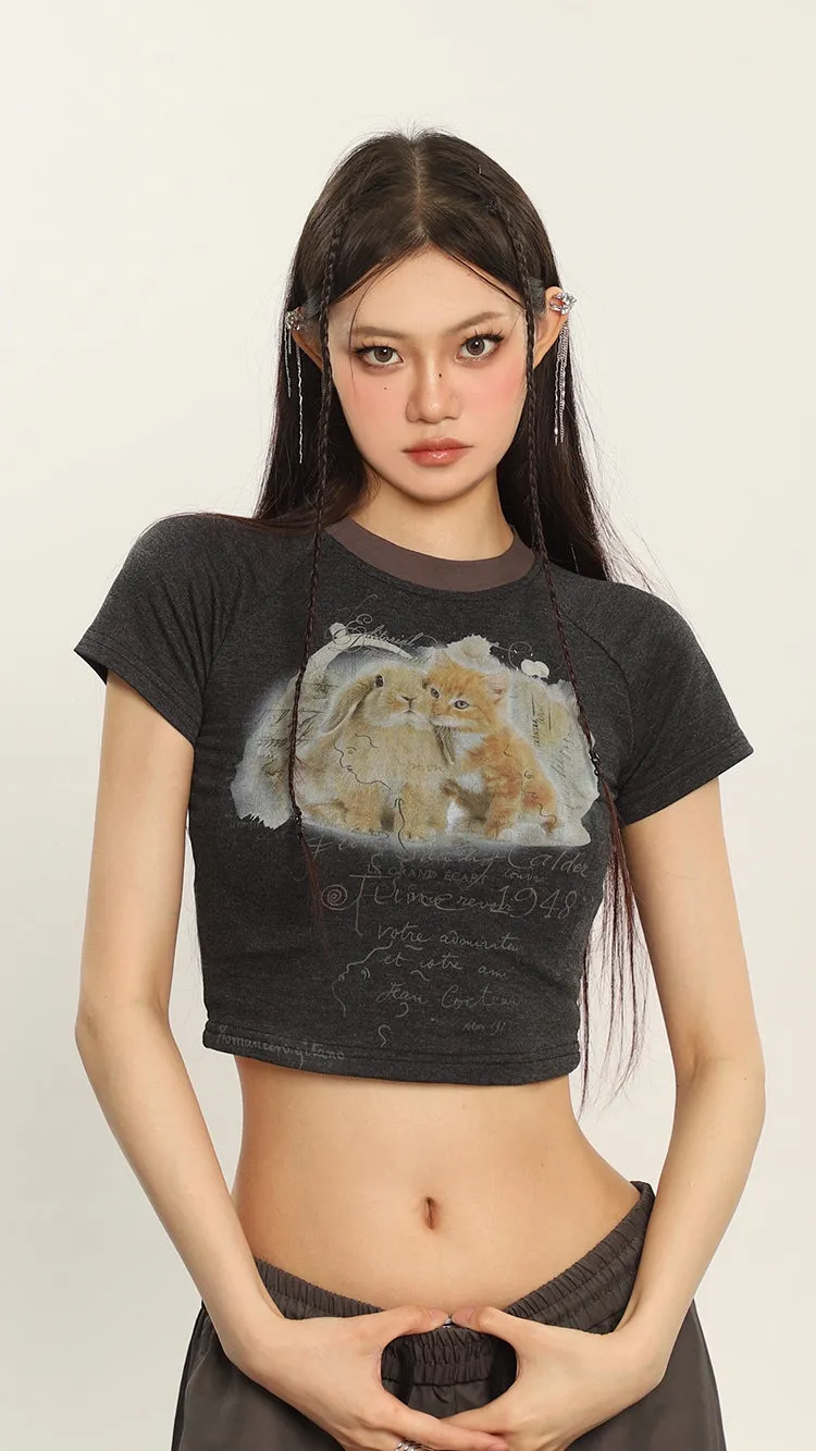 Bunny x Kitten Graphic Image Print Short Sleeve Cropped Top