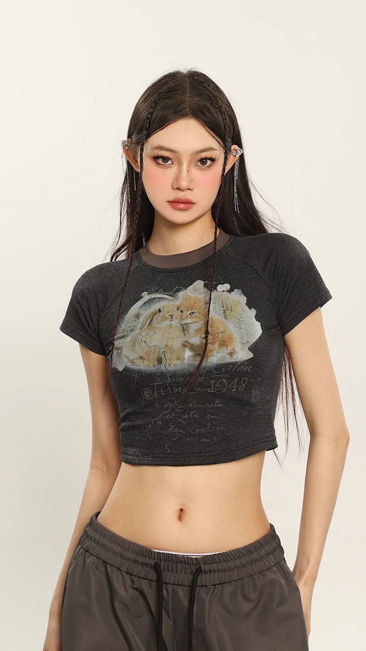 Bunny x Kitten Graphic Image Print Short Sleeve Cropped Top