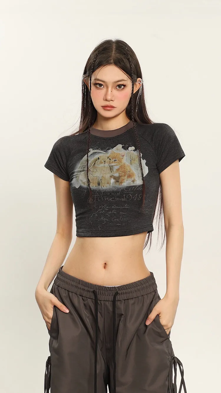 Bunny x Kitten Graphic Image Print Short Sleeve Cropped Top