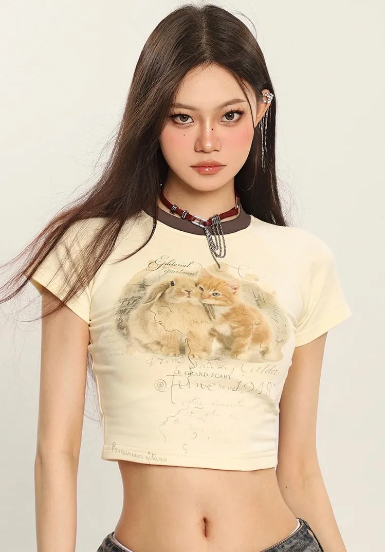 Bunny x Kitten Graphic Image Print Short Sleeve Cropped Top