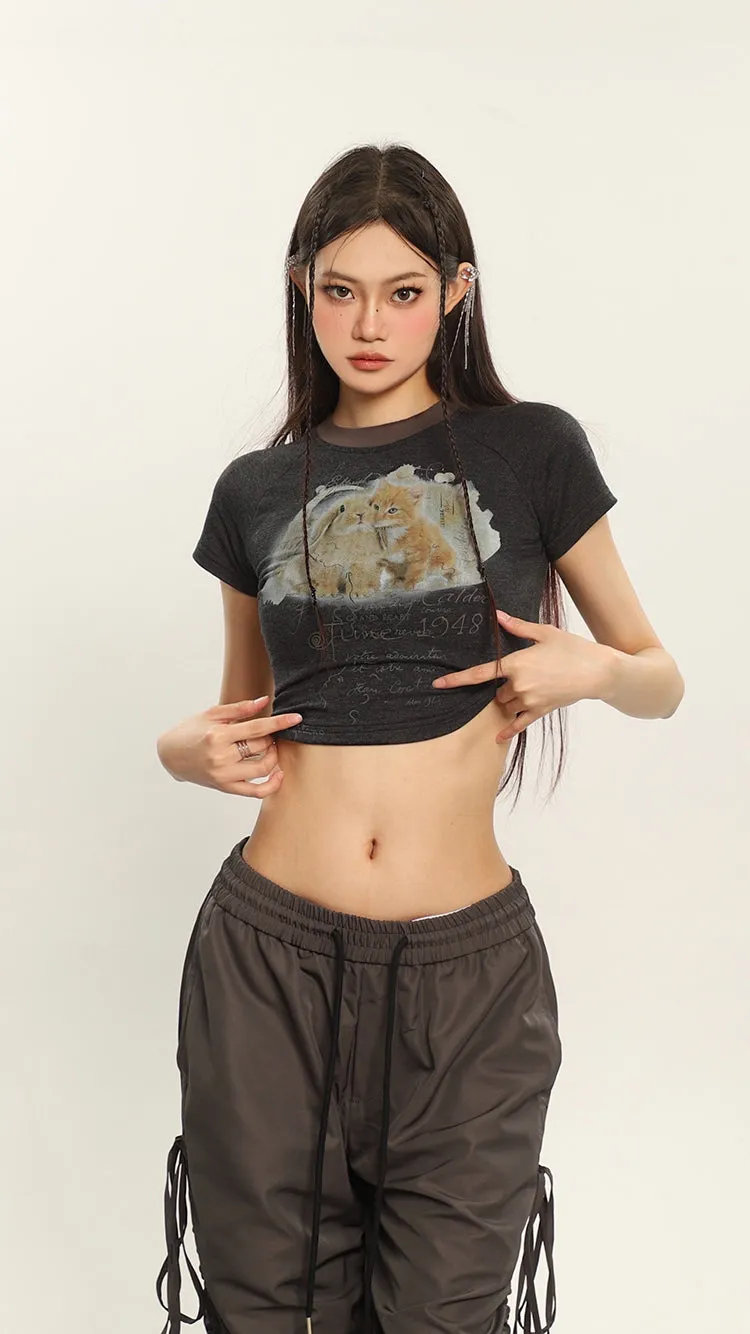 Bunny x Kitten Graphic Image Print Short Sleeve Cropped Top