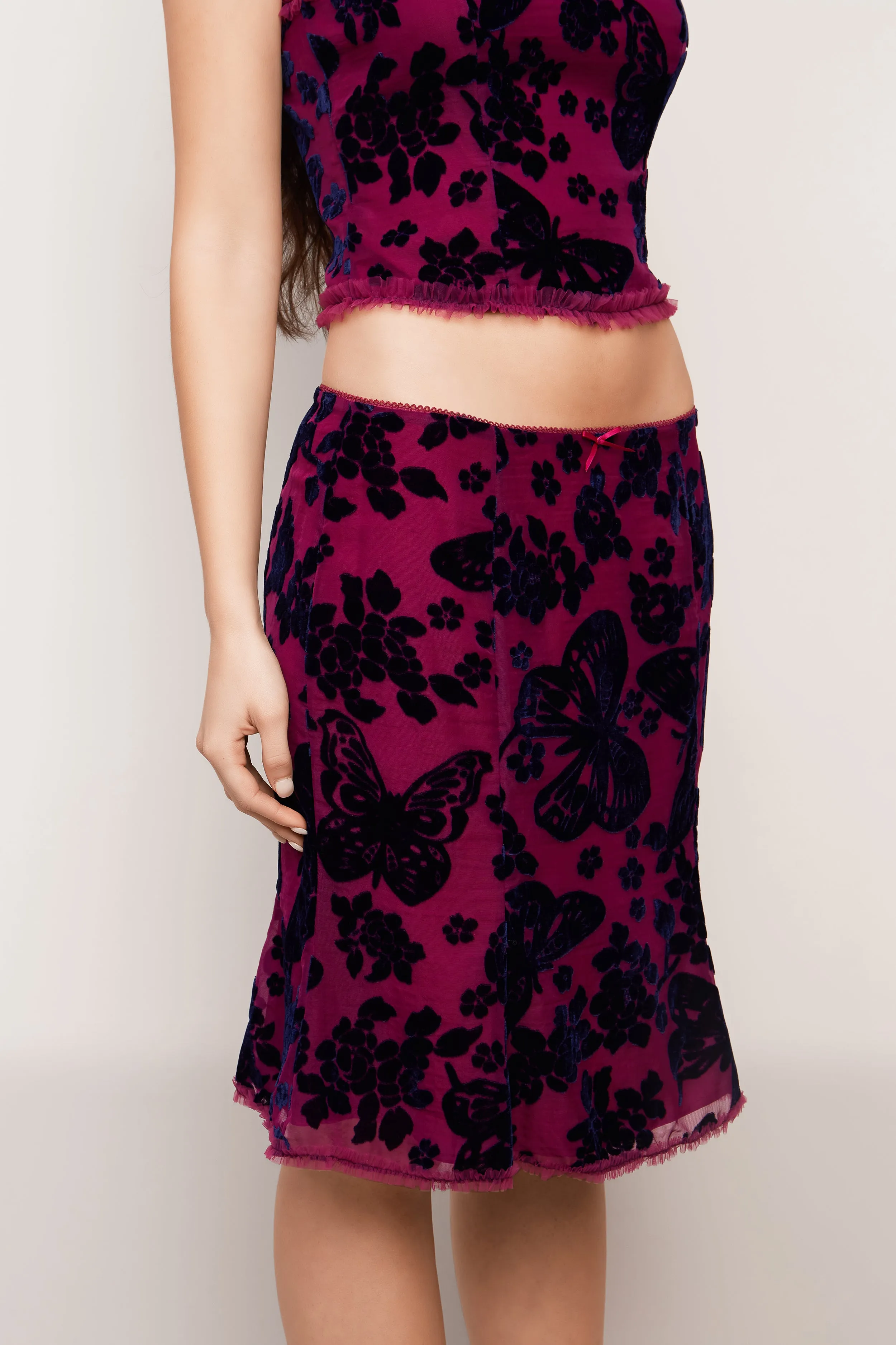 Butterfly Velvet Burnout Low Rise Midi Skirt