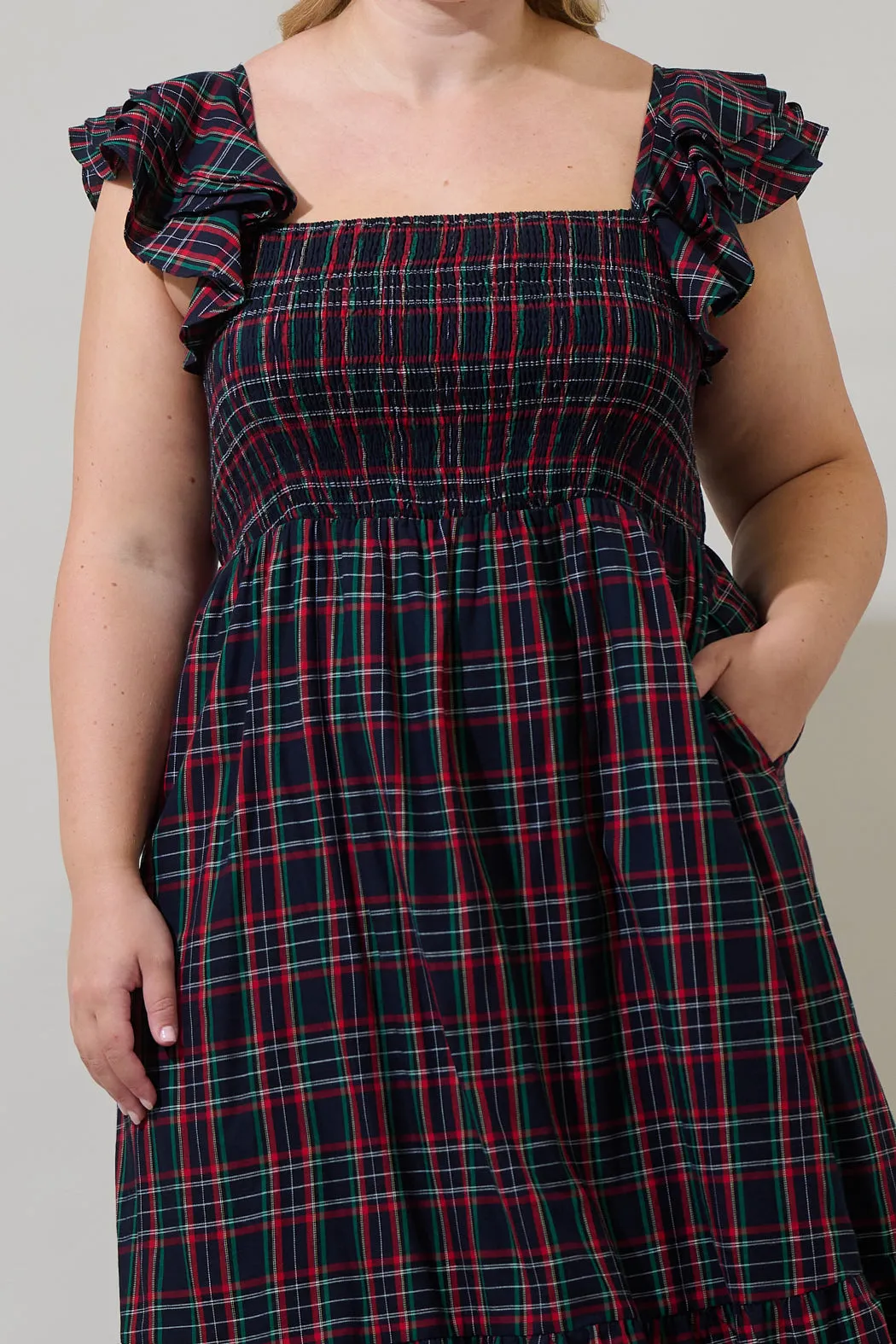 Chapman Plaid Girona Smocked Ruffle Midi Dress Curve