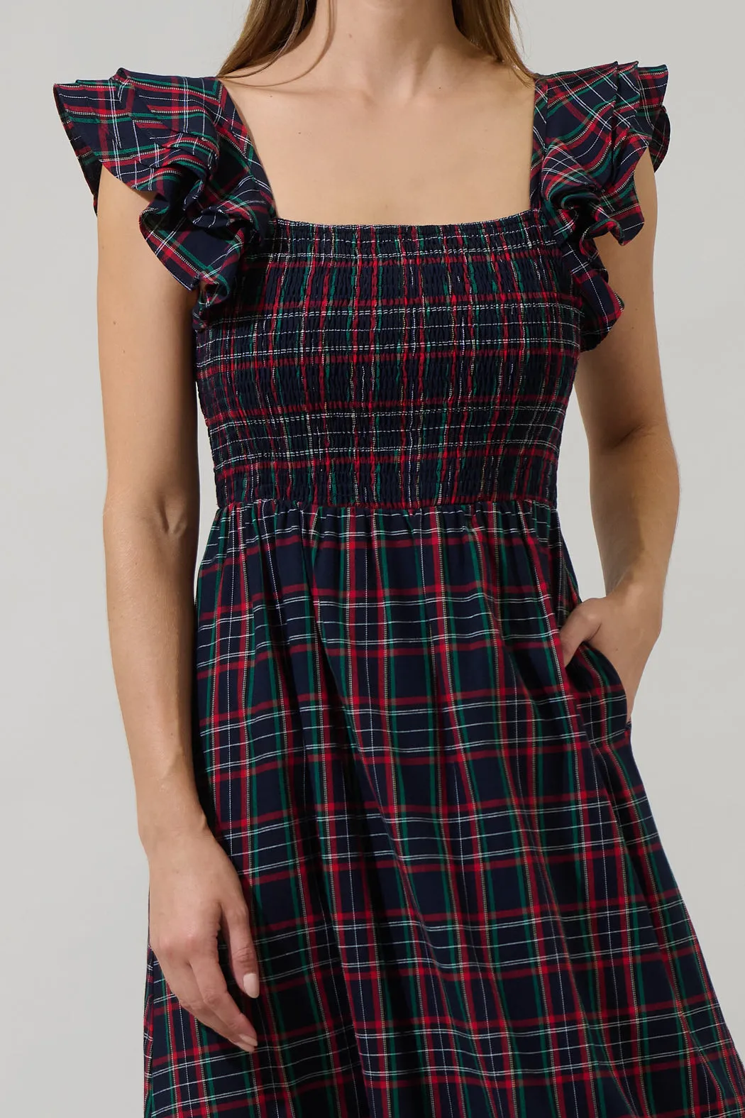 Chapman Plaid Girona Smocked Ruffle Midi Dress