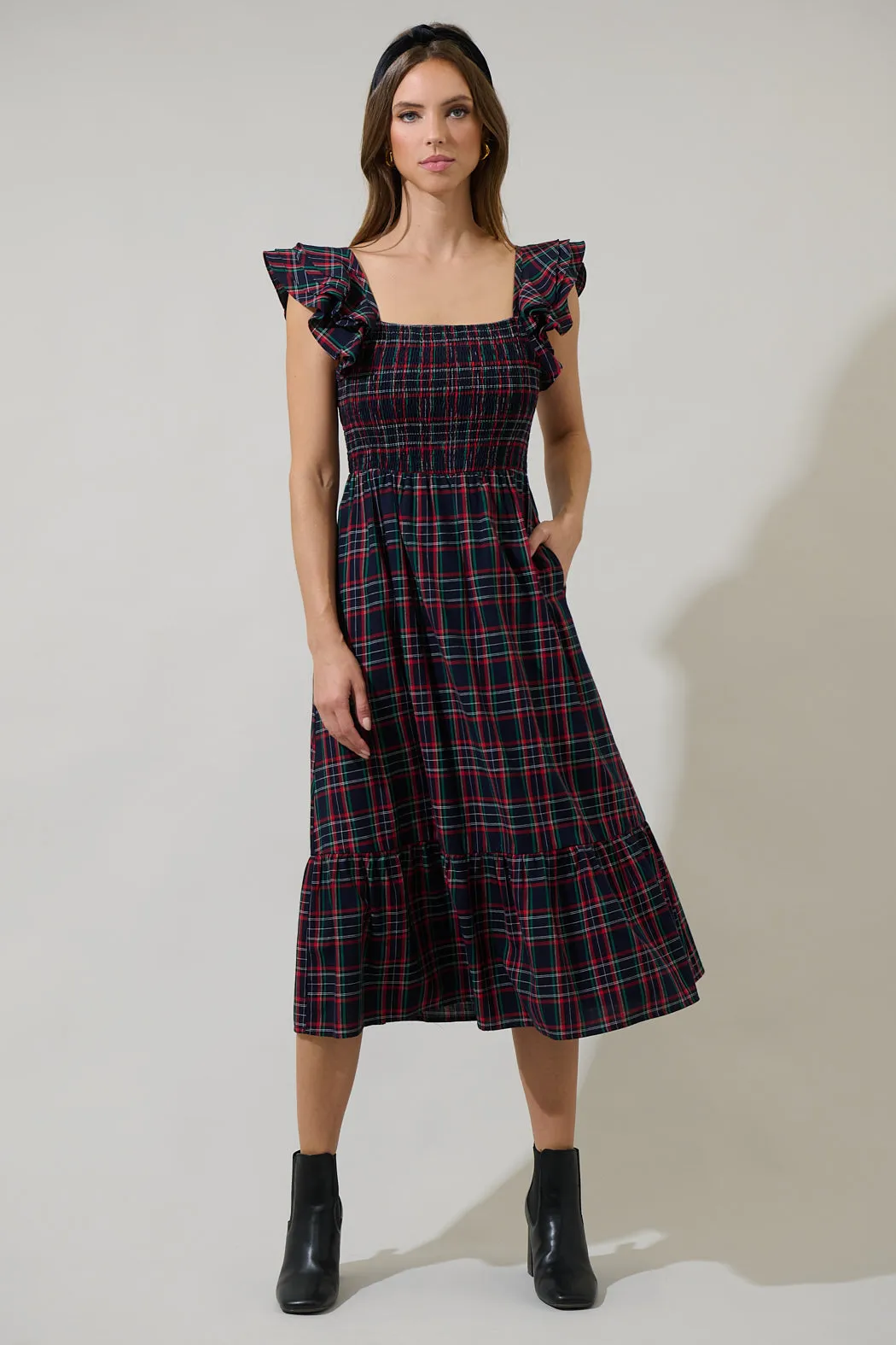 Chapman Plaid Girona Smocked Ruffle Midi Dress