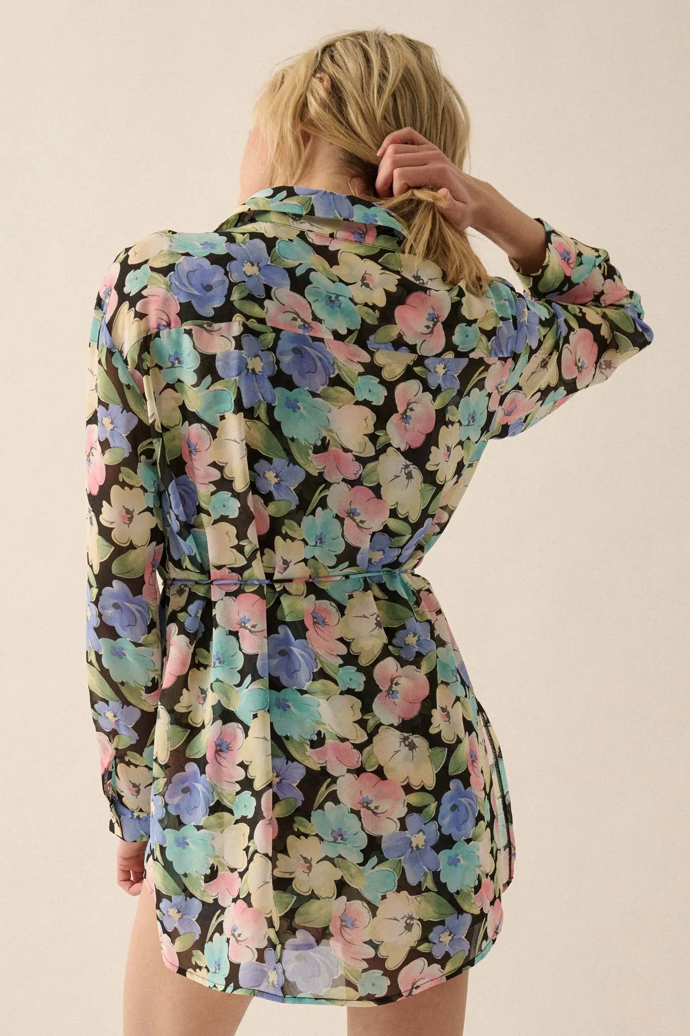 Chromatic Petals Floral Belted Shirt Romper