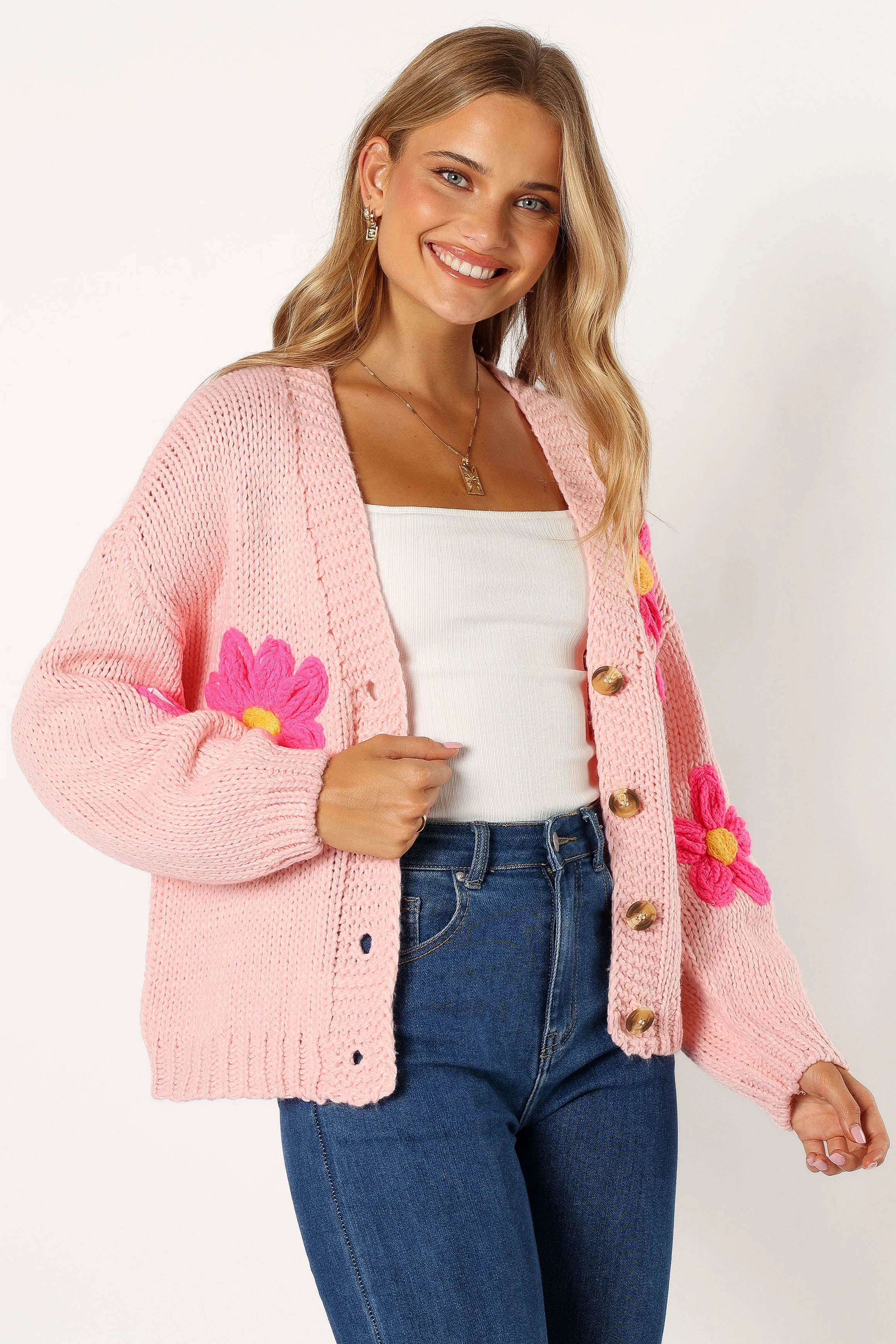 Clementine Flower Embroidered Open Front Cardigan - Pink