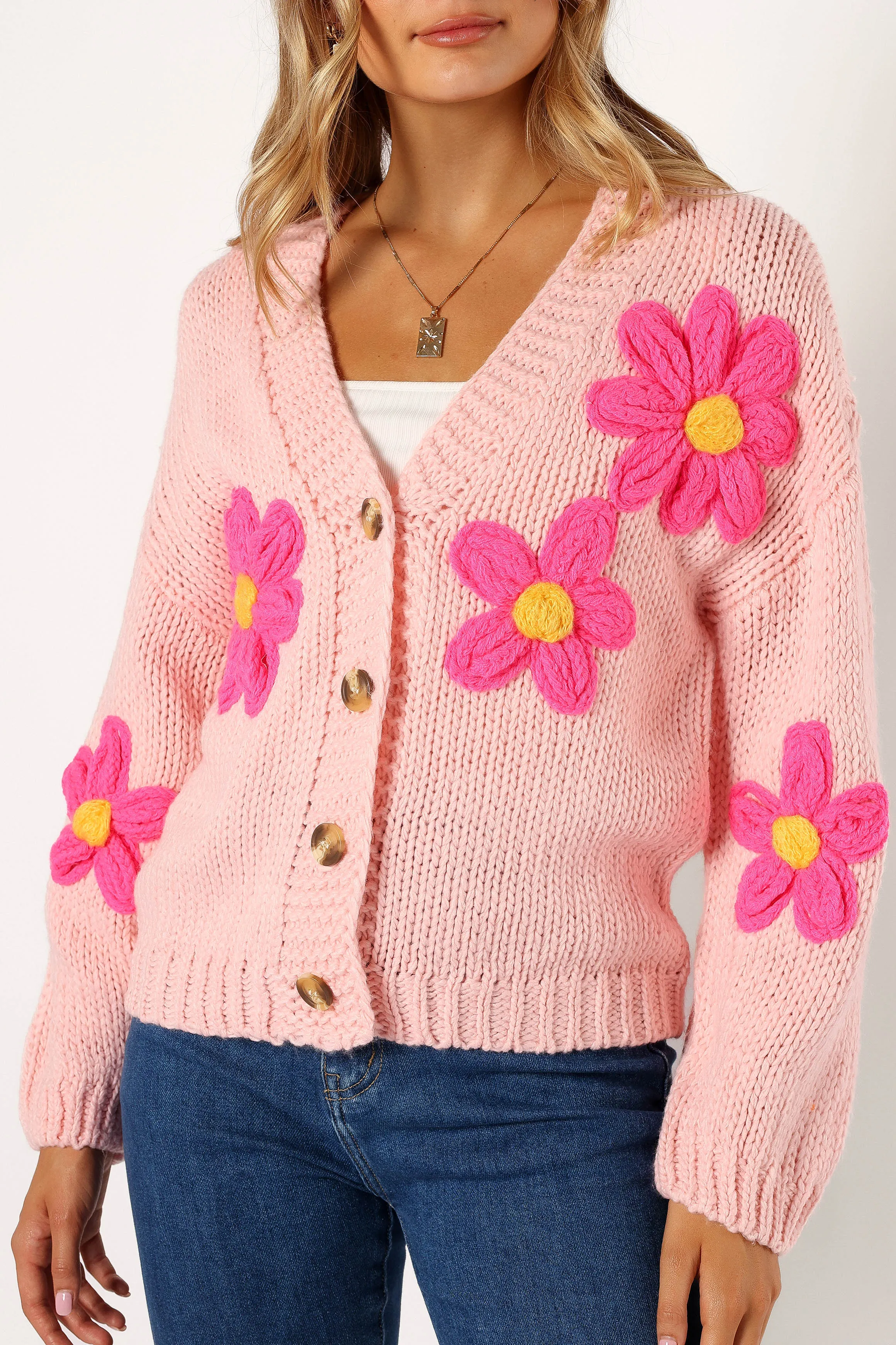 Clementine Flower Embroidered Open Front Cardigan - Pink