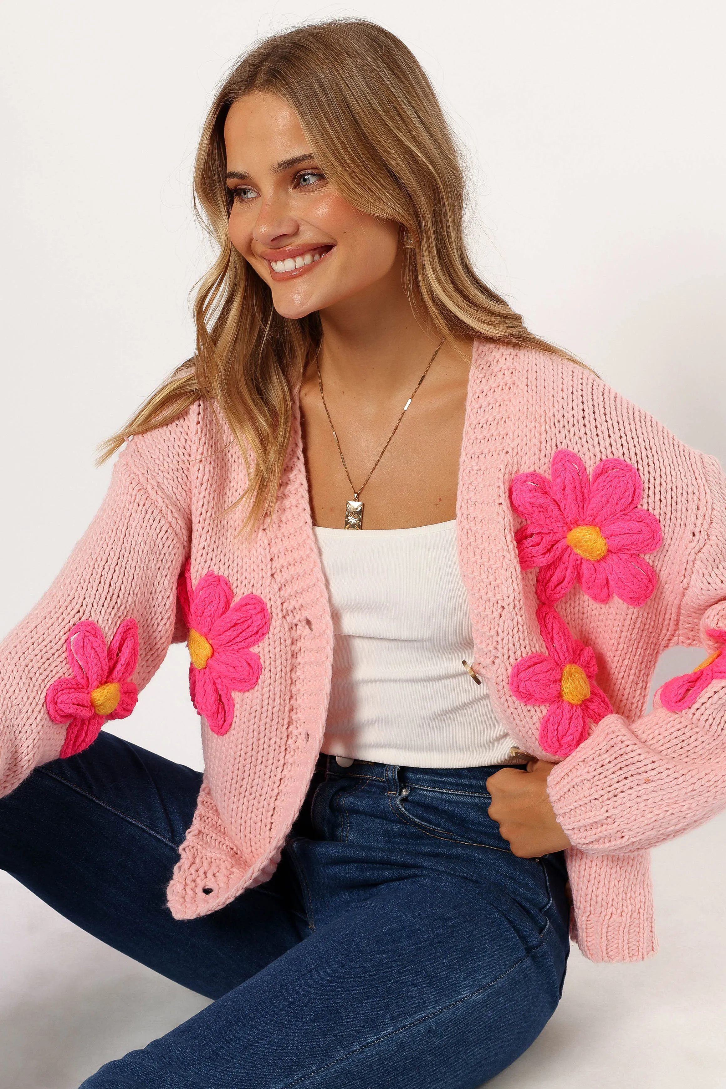 Clementine Flower Embroidered Open Front Cardigan - Pink