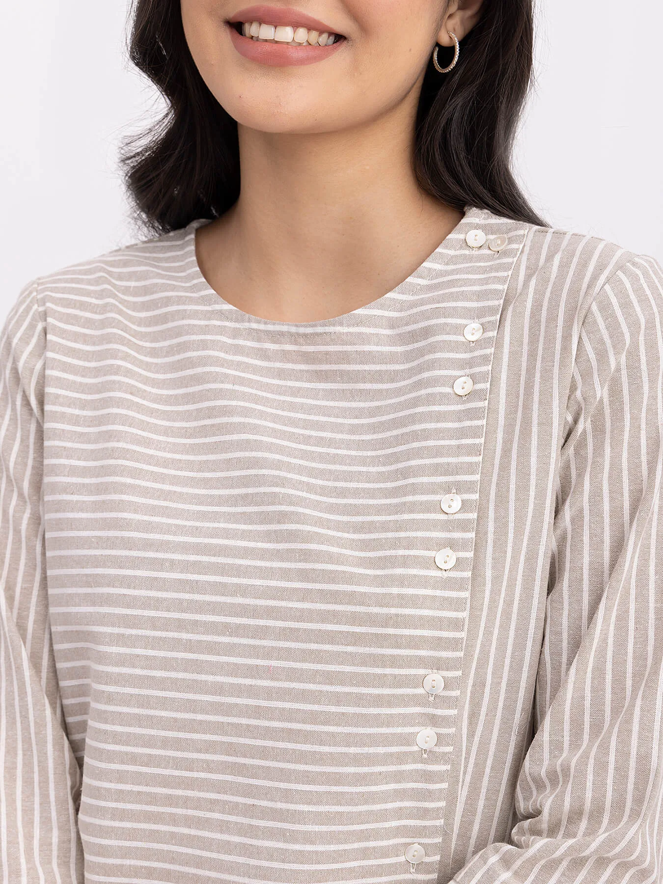 Cotton Yarn Dyed Top - Beige And Off White