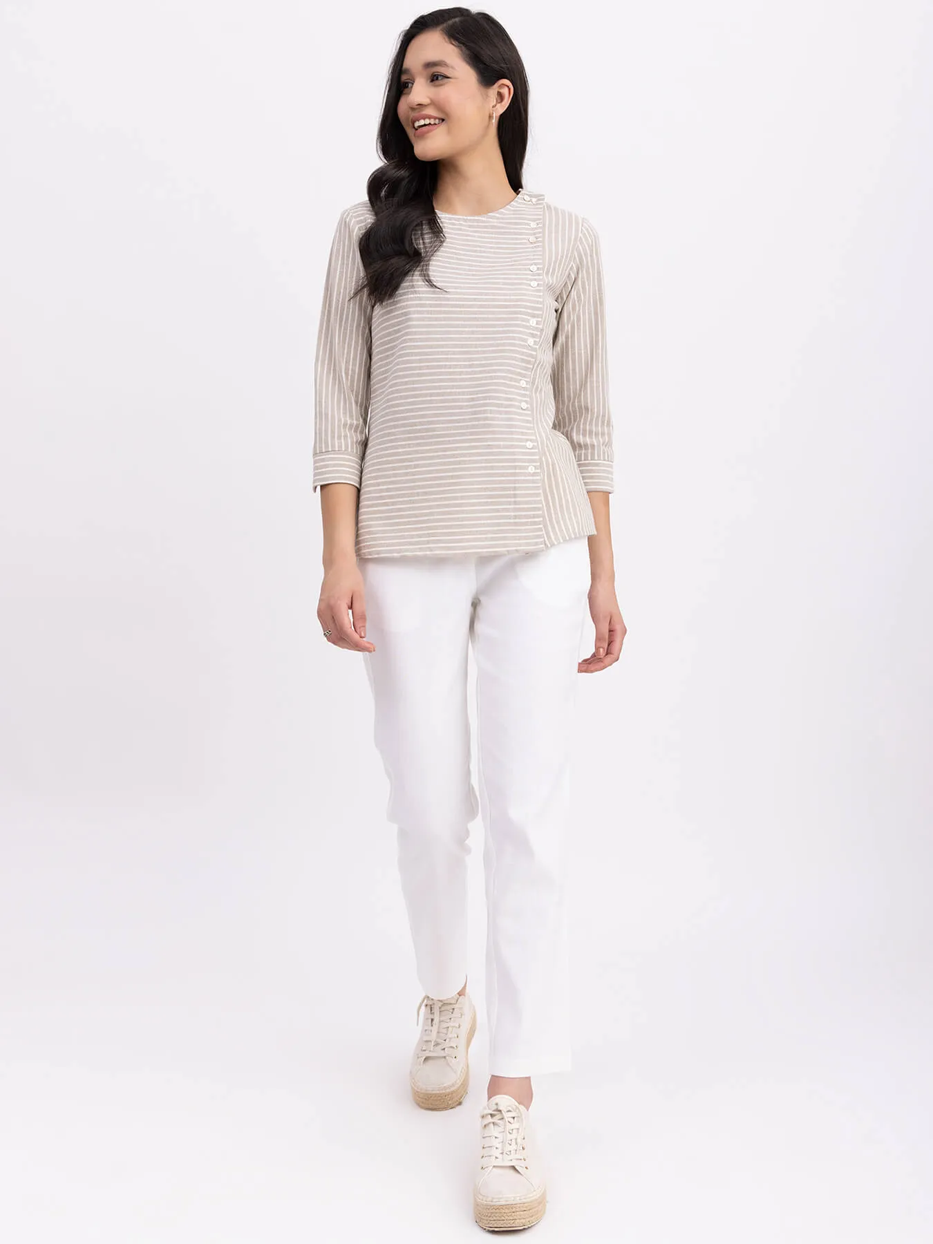 Cotton Yarn Dyed Top - Beige And Off White