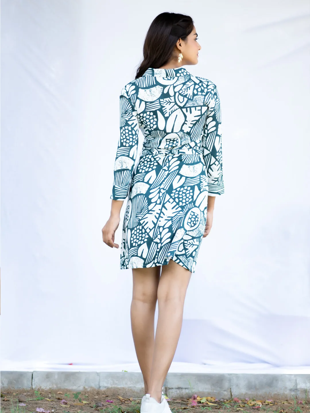 Damask Printed Cotton Dress With Belt