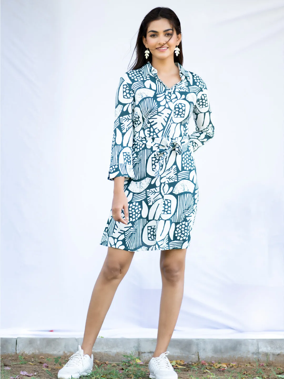 Damask Printed Cotton Dress With Belt