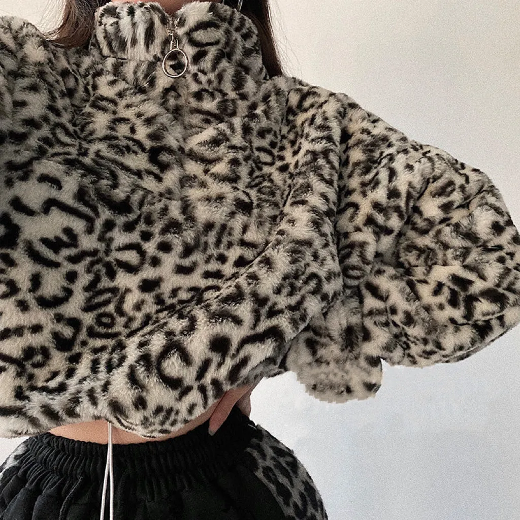 Diya Animal Print Fleece Zip Up Turtleneck Cropped Sweater