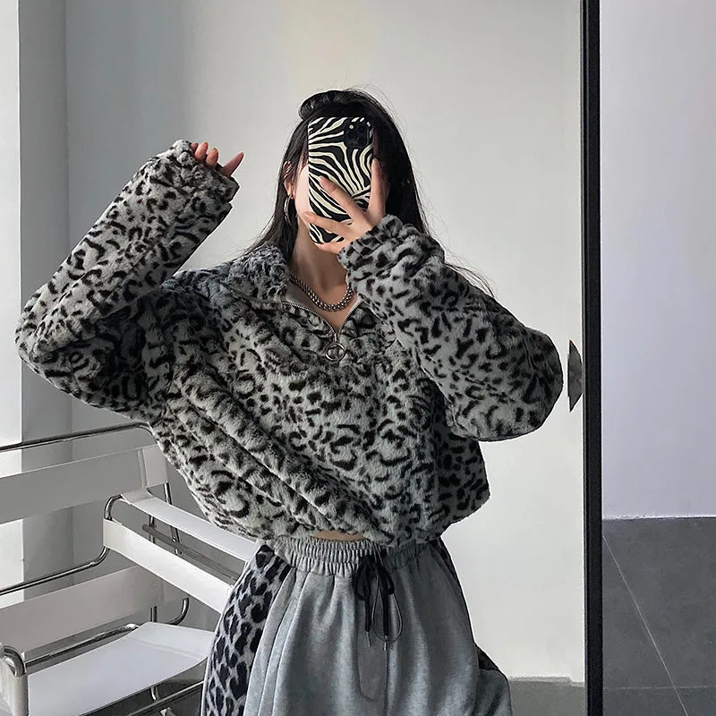 Diya Animal Print Fleece Zip Up Turtleneck Cropped Sweater