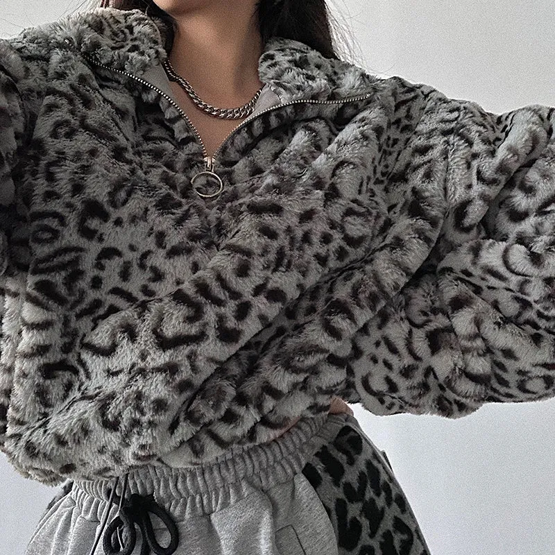 Diya Animal Print Fleece Zip Up Turtleneck Cropped Sweater