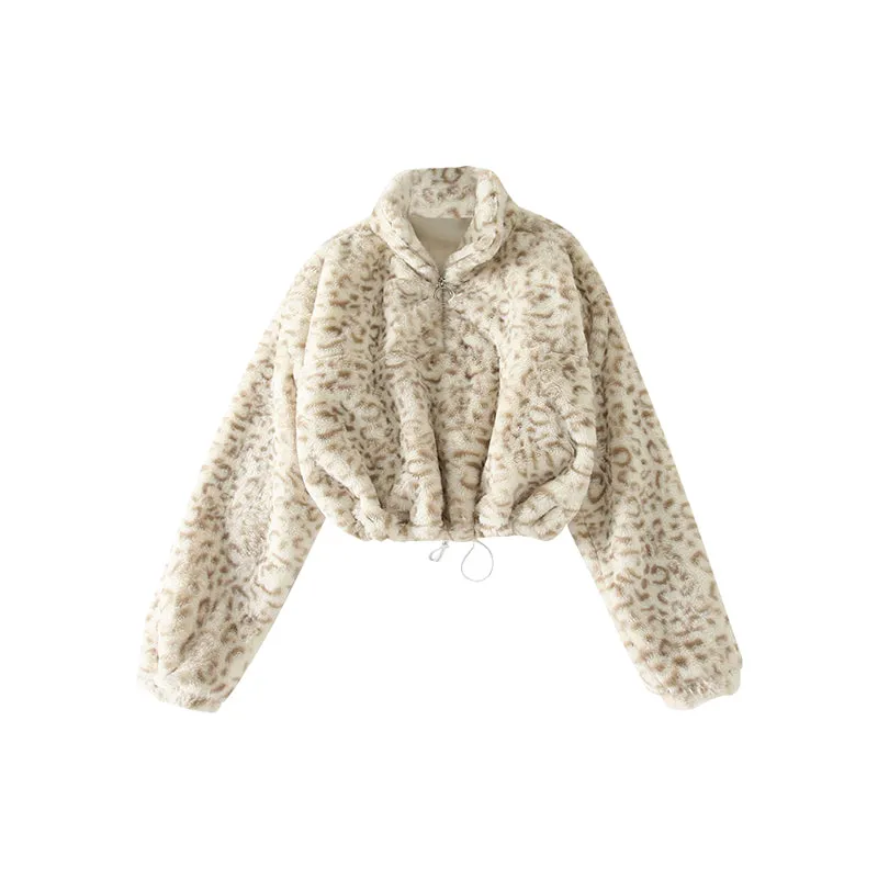 Diya Animal Print Fleece Zip Up Turtleneck Cropped Sweater