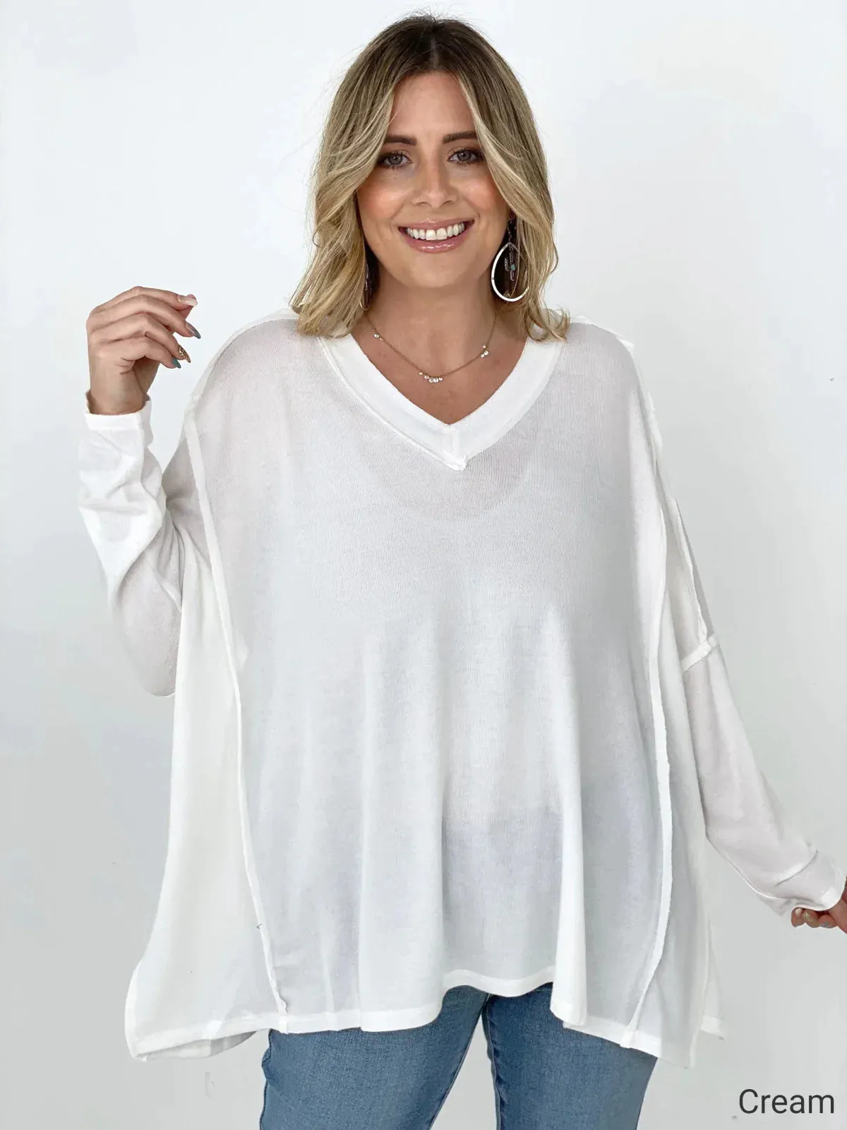 Easel Easy Breezy V-Neck Solid Long Sleeve OVERSIZED Top - White