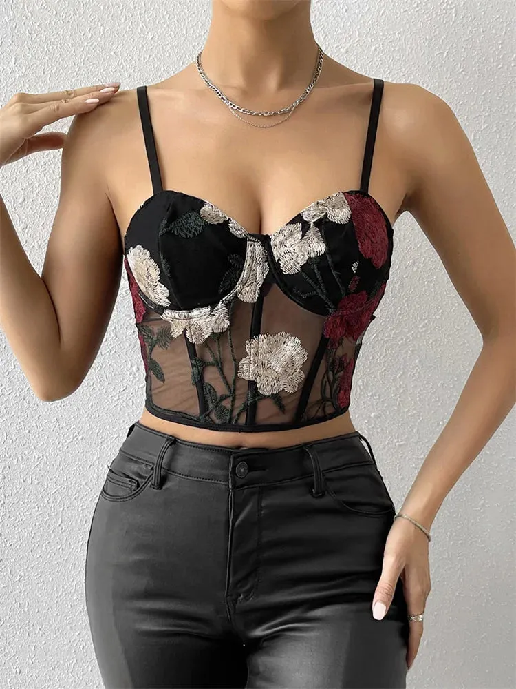 Embroidery Floral Bustiers Women Spaghetti Strap Mesh Sheer Corsets Party Club Mini Vest Crop Top