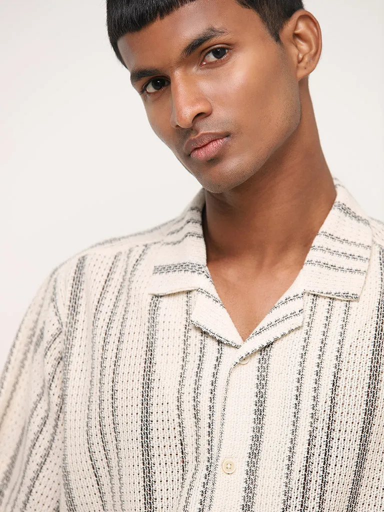 ETA Beige Striped Textured Relaxed-Fit Cotton Blend Shirt