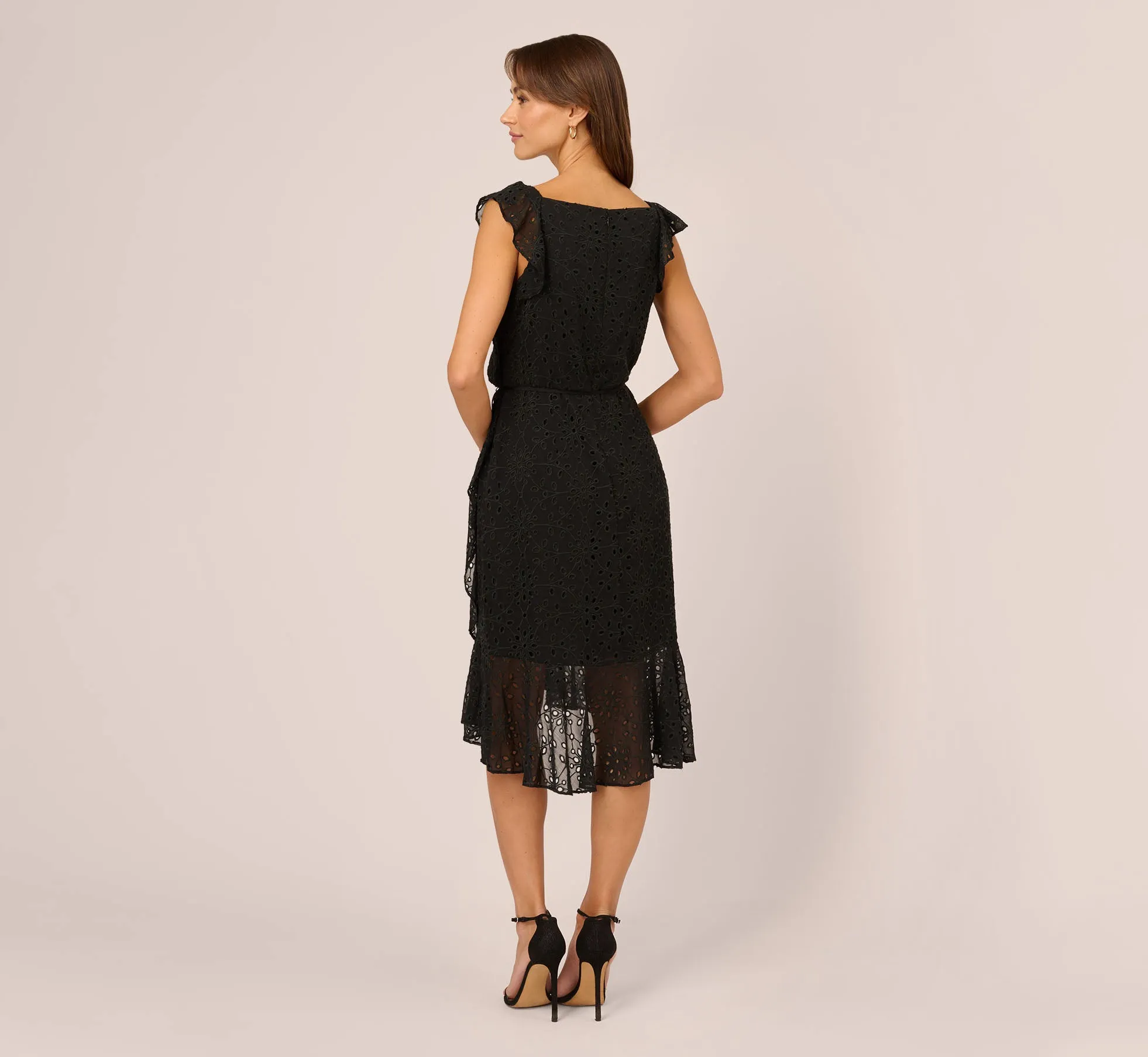 Eyelet Faux Wrap Midi Dress With Ruffle Details In Black