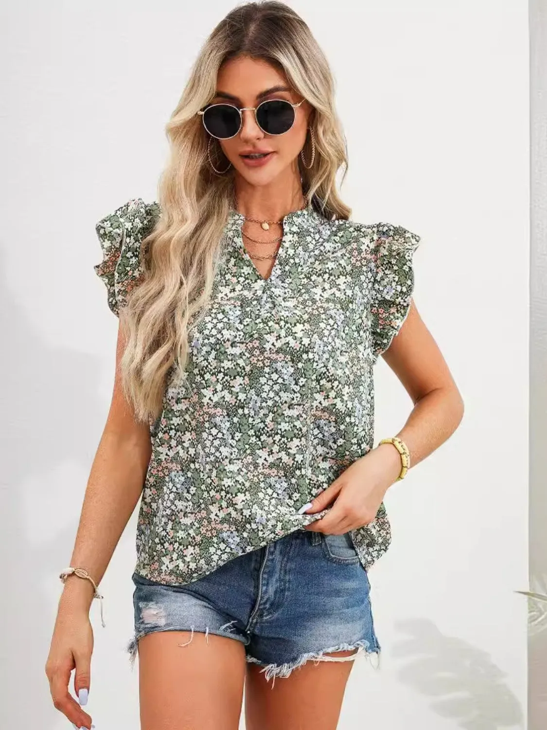 Floral Ruffle Cap Sleeve Blouse