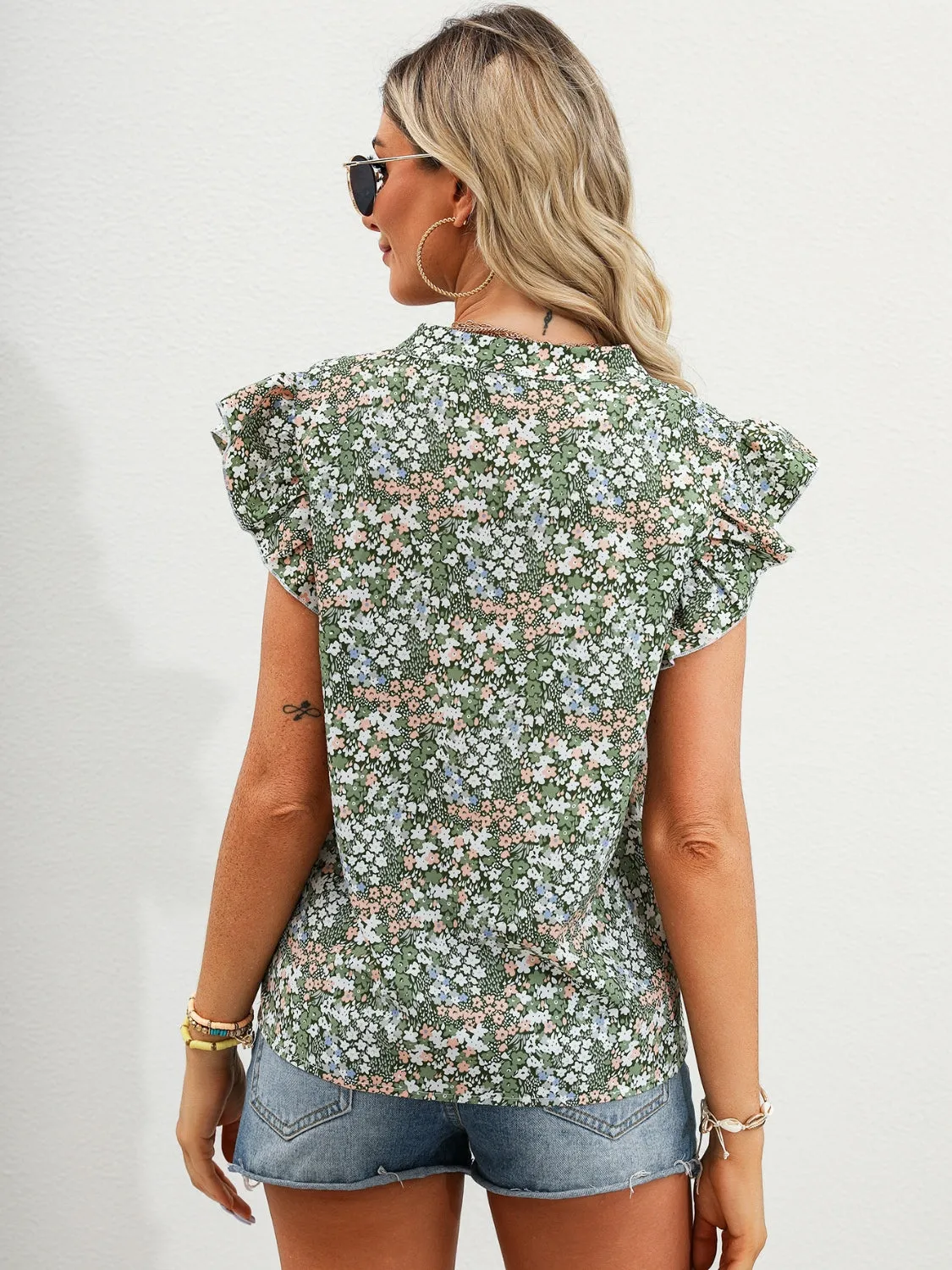 Floral Ruffle Cap Sleeve Blouse