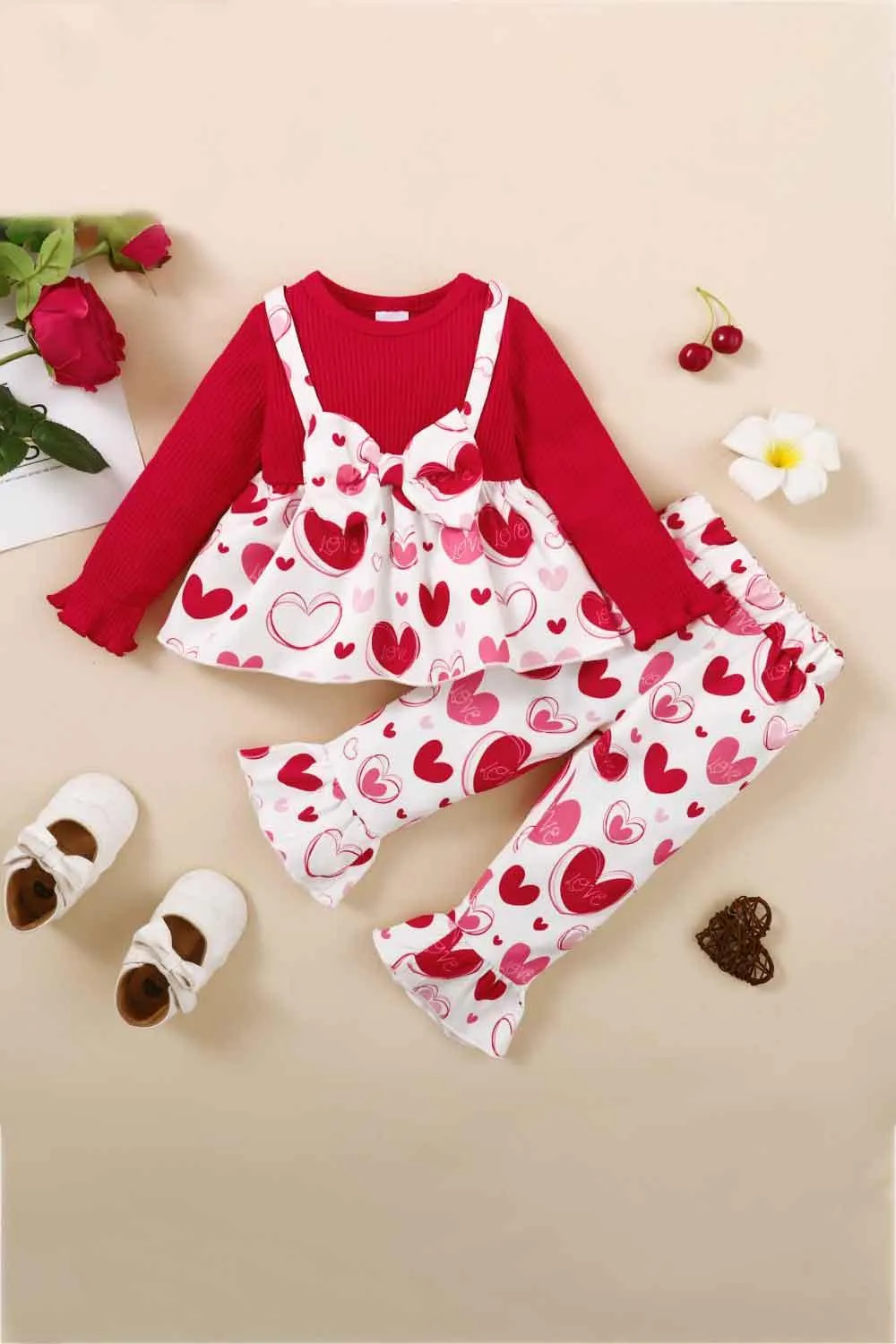 GIRLS HEART PRINT BOW DETAIL SWEATER AND FLARE PANTS SET