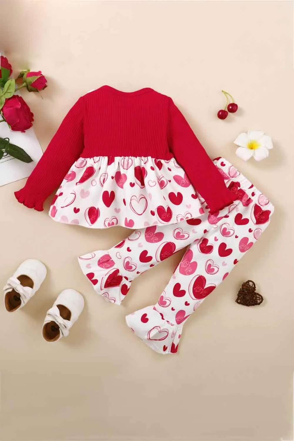 GIRLS HEART PRINT BOW DETAIL SWEATER AND FLARE PANTS SET