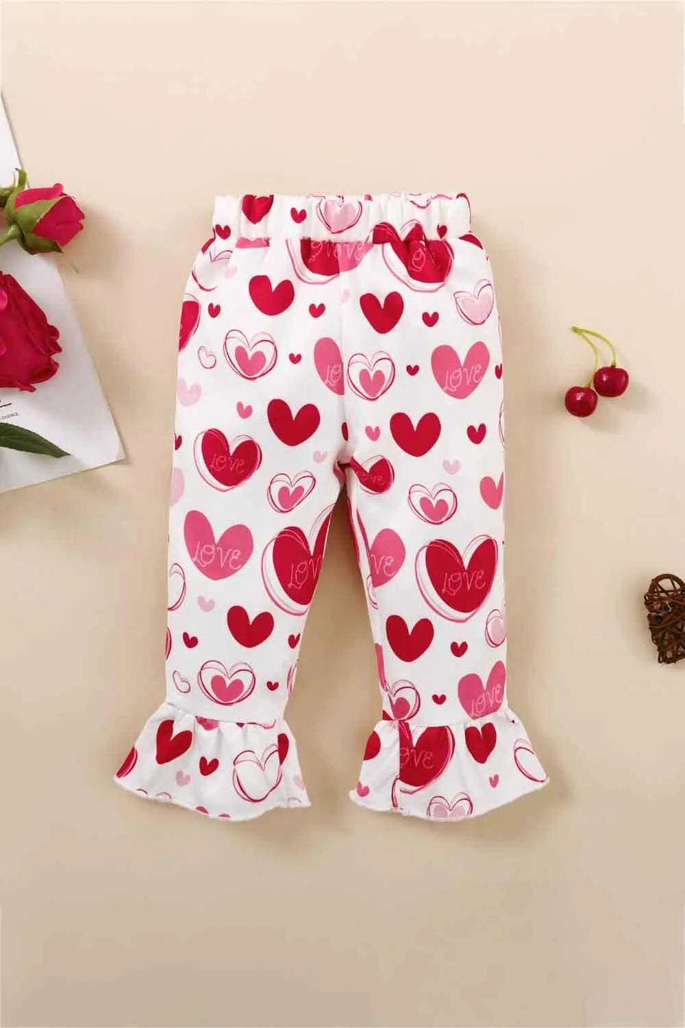 GIRLS HEART PRINT BOW DETAIL SWEATER AND FLARE PANTS SET