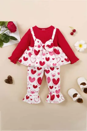 GIRLS HEART PRINT BOW DETAIL SWEATER AND FLARE PANTS SET