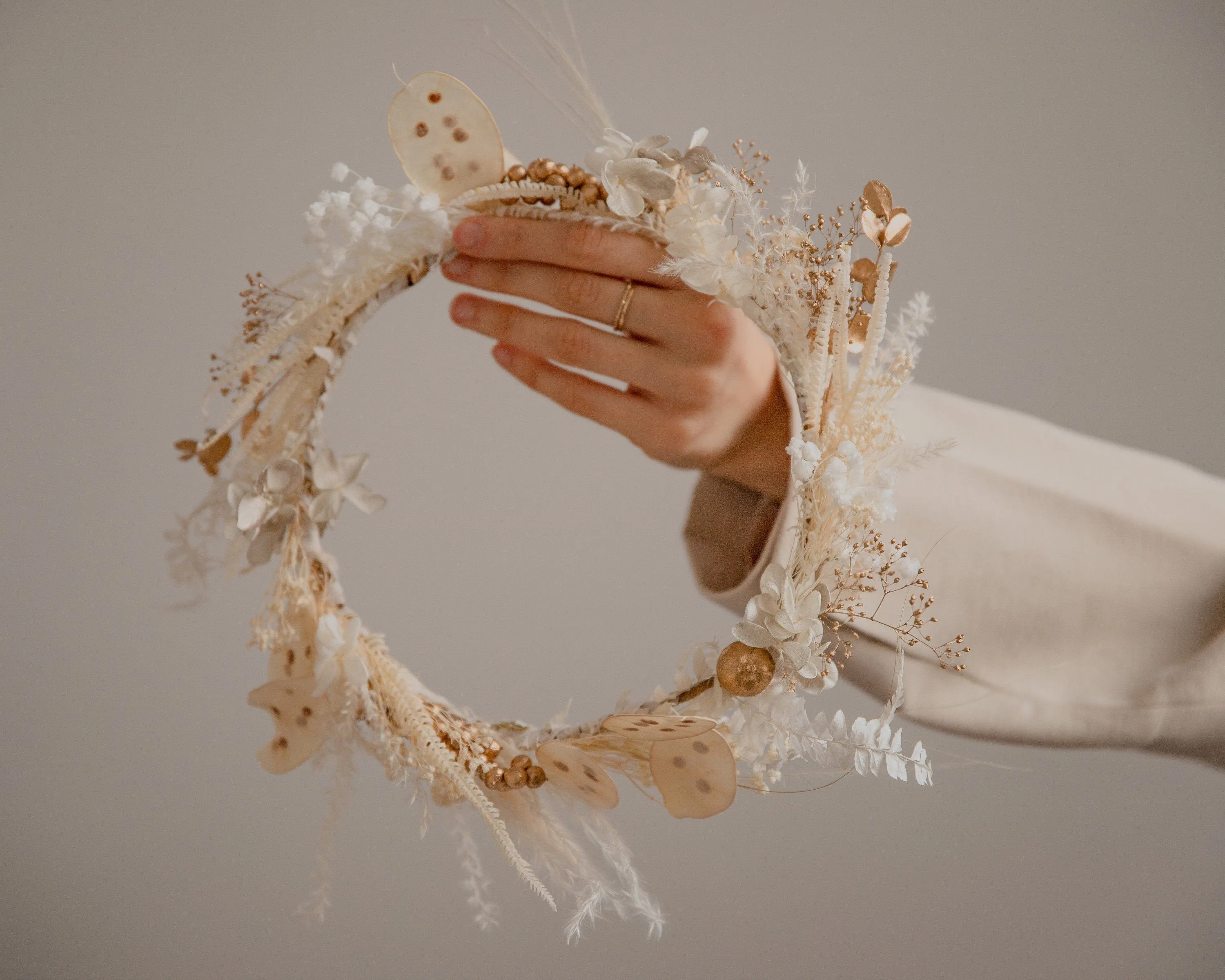 Golden Berries and Preserved Lunaria Crown/ Pampas Grass Dried Grasses Crown / Dried Flower Crown / Boho Bridal Crown