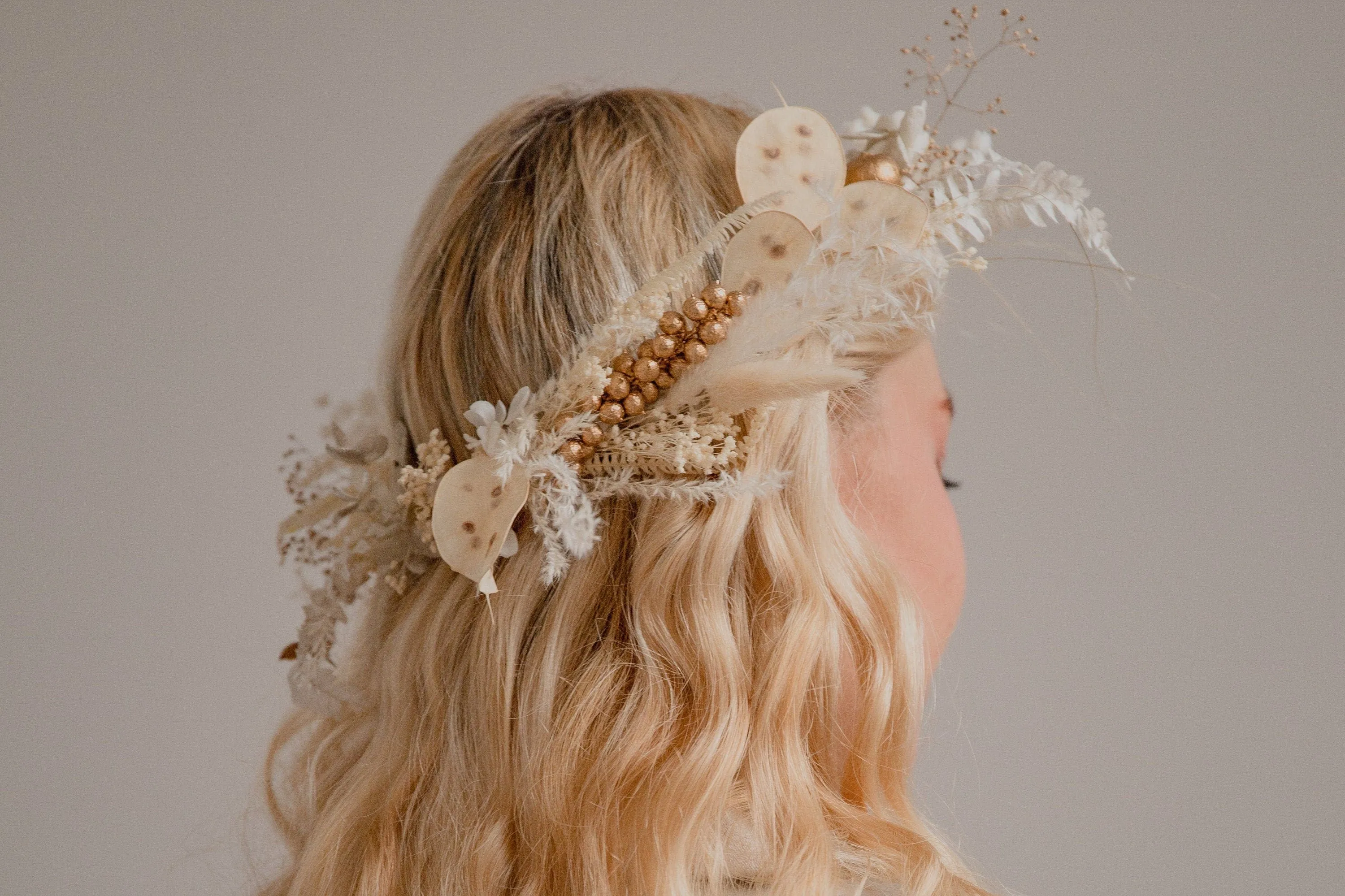 Golden Berries and Preserved Lunaria Crown/ Pampas Grass Dried Grasses Crown / Dried Flower Crown / Boho Bridal Crown