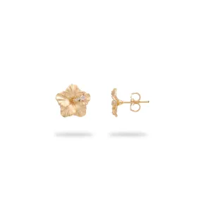 Hawaiian Gardens Hibiscus Earrings in Gold with Diamonds - 9.5mm