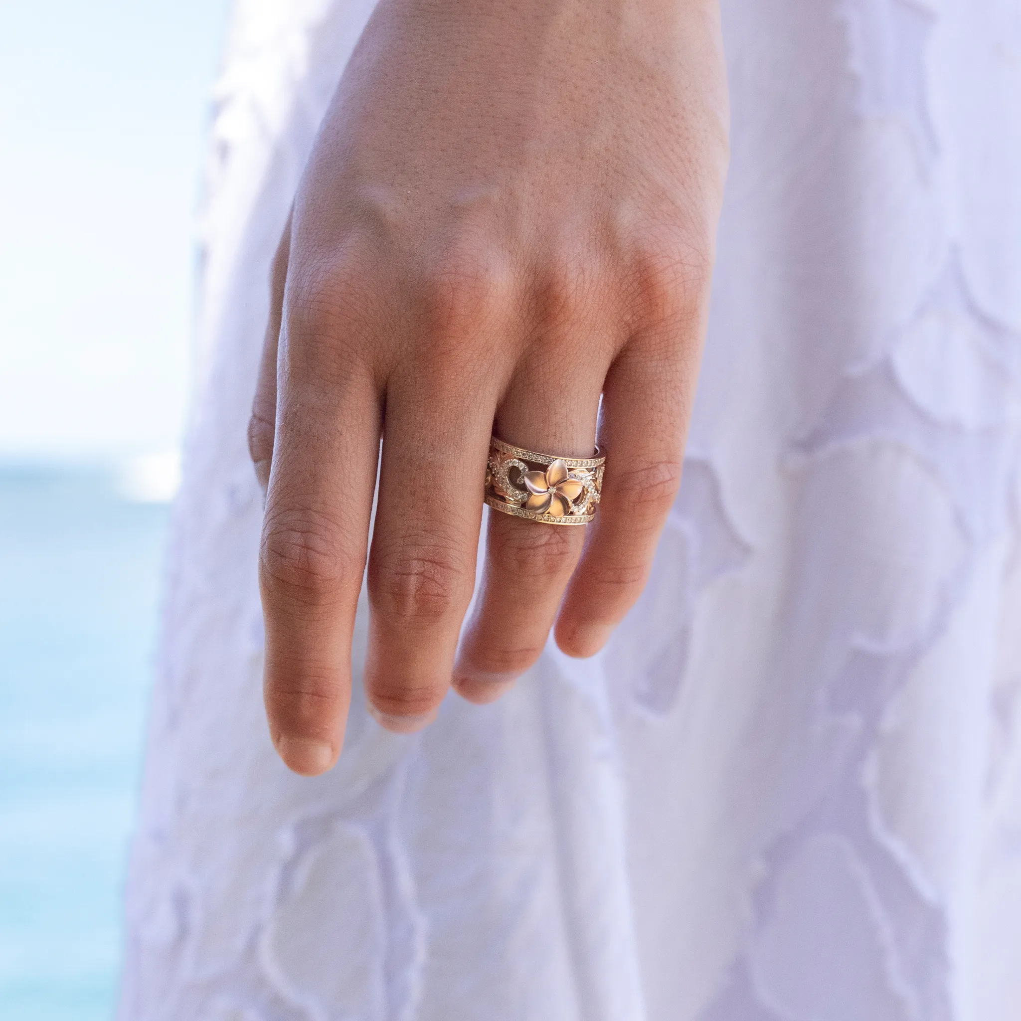 Hawaiian Heirloom Plumeria Engagement Ring in Two Tone Gold with Diamonds - 12mm